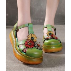 Green Cowhide Leather Buckle Strap Platform Sandals