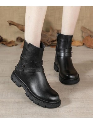 Black Genuine Leather Platform  flat boots