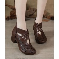 Brown zippered Hollow Out Chunky Boots