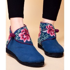 Boutique Buckle Strap Embroideried Comfy Ankle Boots Blue Cotton Fabric